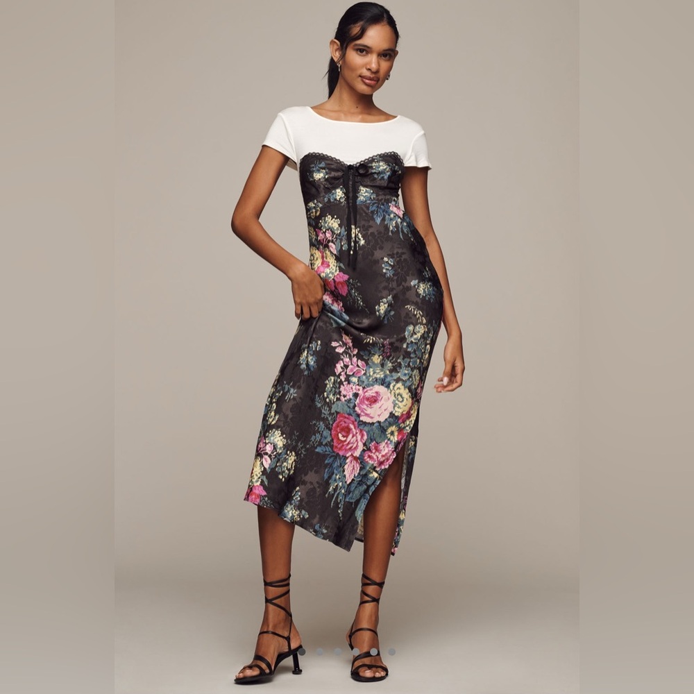 NWT Anthropologie Twofer Black and White Floral Midi Slip Dress